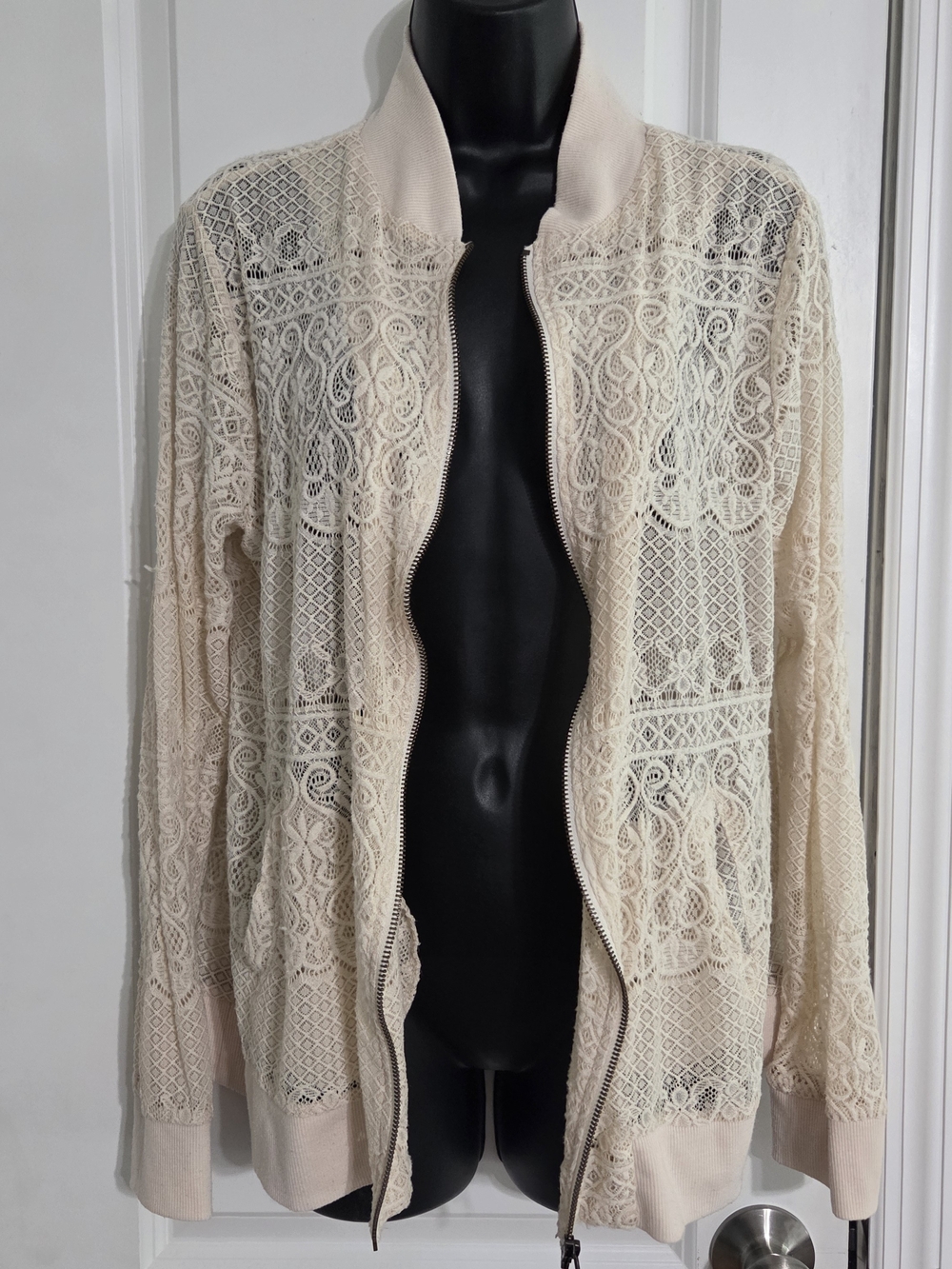 living doll Lace Zip-Front Sweater Cardigan in Cream Pockets Ribbed Collar